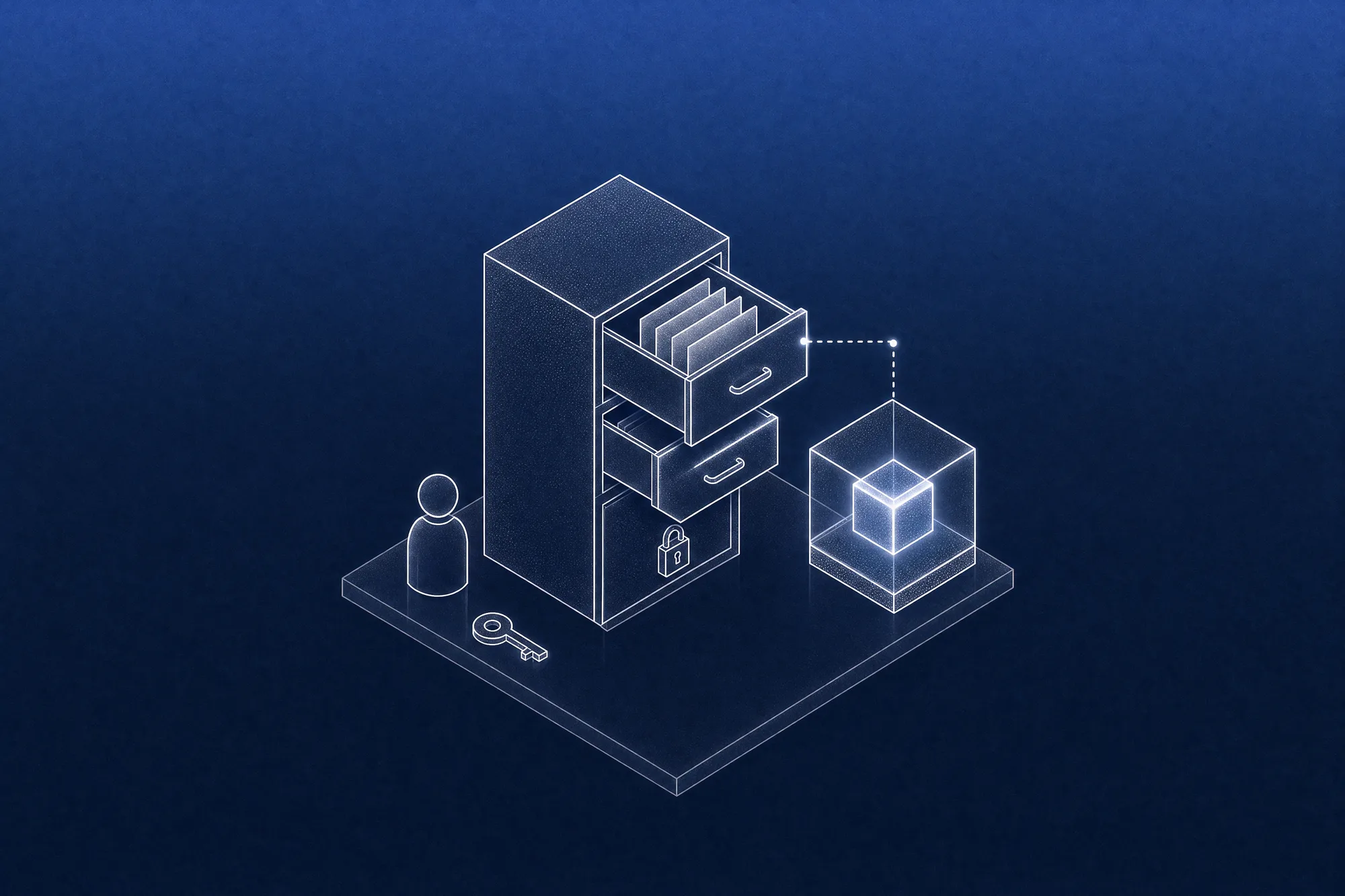 White isometric line art of a three-drawer filing cabinet: the top drawer wide open with blank sheets, the middle drawer slightly ajar and the bottom drawer shut with a padlock, while a glass AI cube connects by a dotted line to the top drawer only, with a small business-owner figure and a key beside it.