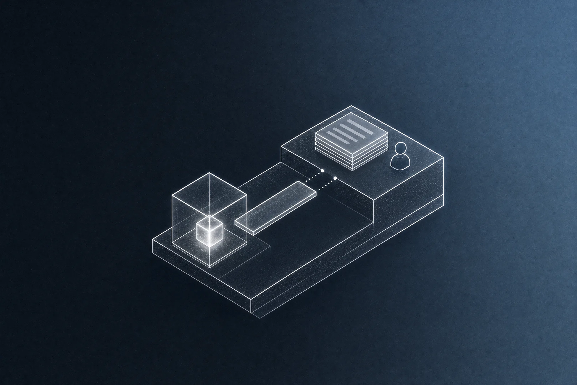 A two-level isometric slab: a glass AI cube stands alone on the lower level while a glass plank bridge stops short of the upper level, where a stack of documents and a faceless person wait, showing AI adopted but not yet joined to the workflow.